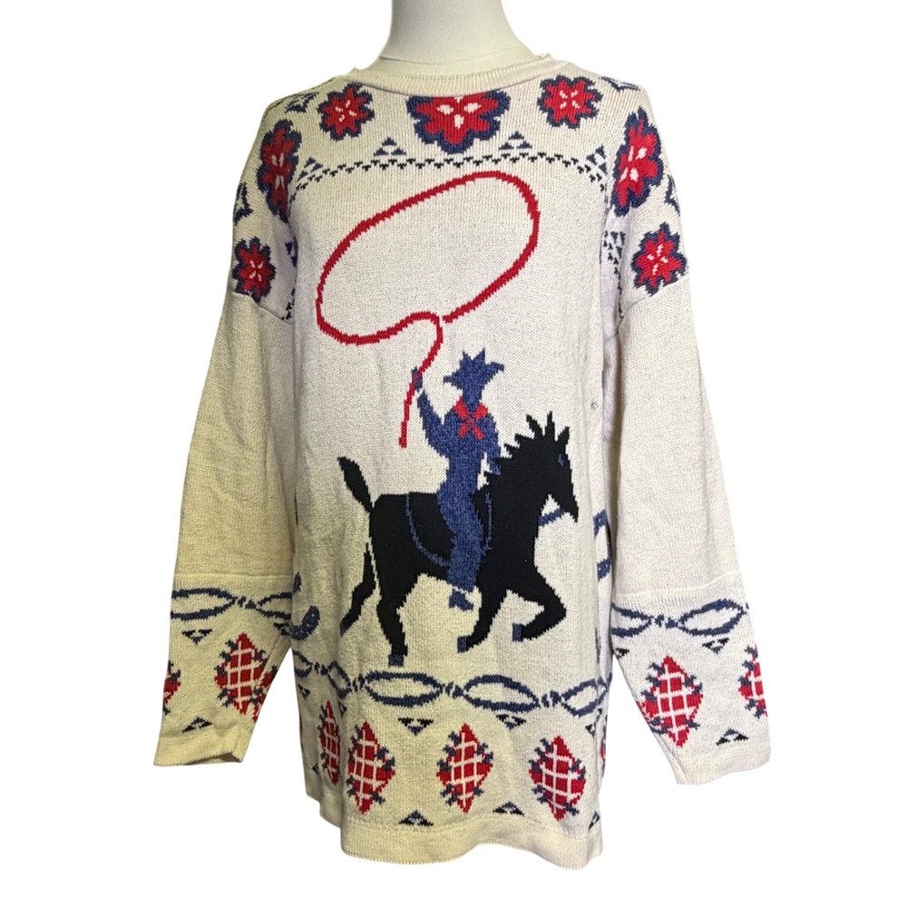 Vintage United States Sweaters Cowboy Roping Horse Scenic Knit Sweater  Med USA
